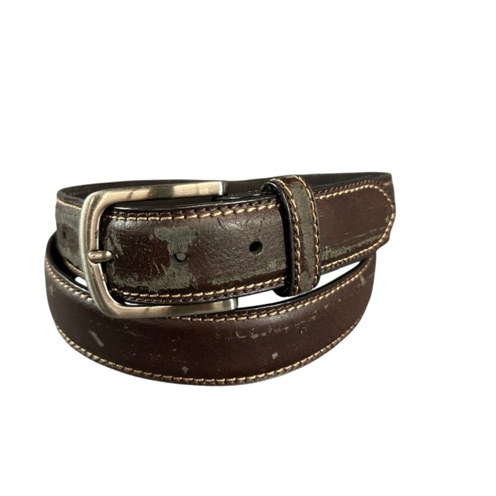 Mens Brown Dress Belt Silver Tone Buckle Contrast Stitching 44 Inch Total Length